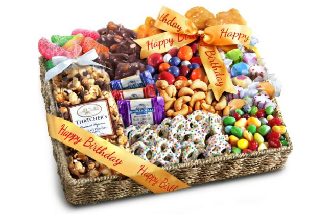 Candy box what should a birthday gift basket have?